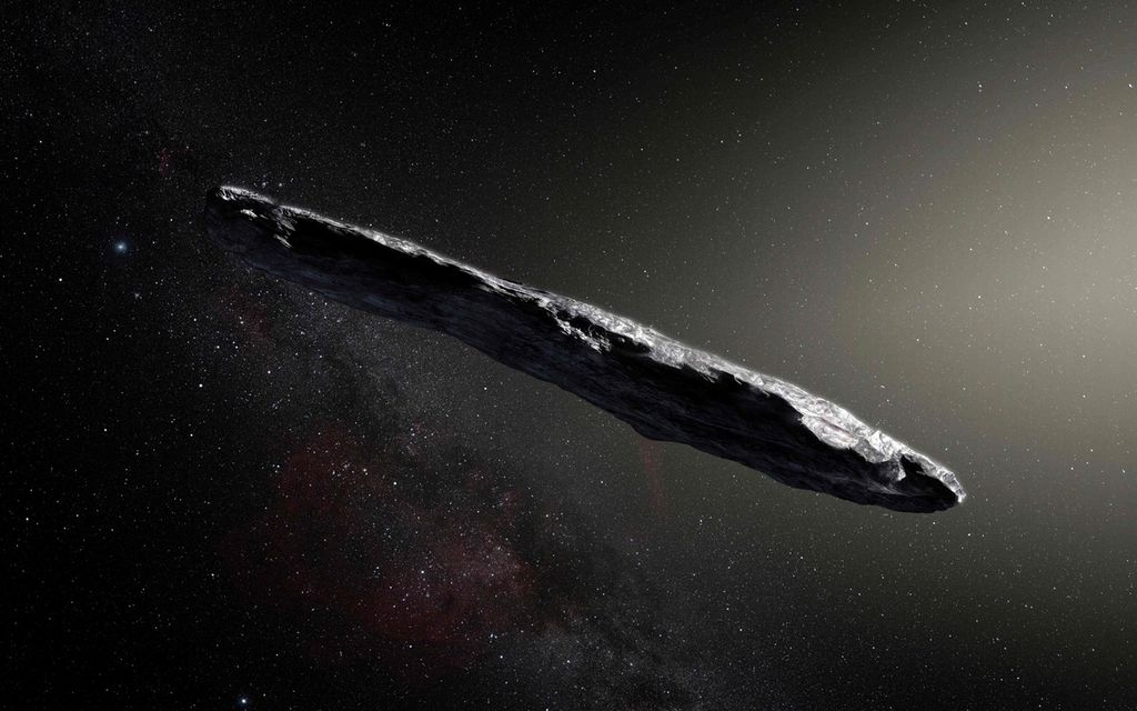 Gambar yang dirilis oleh European Southern Observatory pada 20 November 2017 ini menunjukkan tafsir seni dari Asteroid Oumuamua. Obyek itu pertama kali diidentifikasi masuk ke Galaksi Bima Sakti pada 2017.