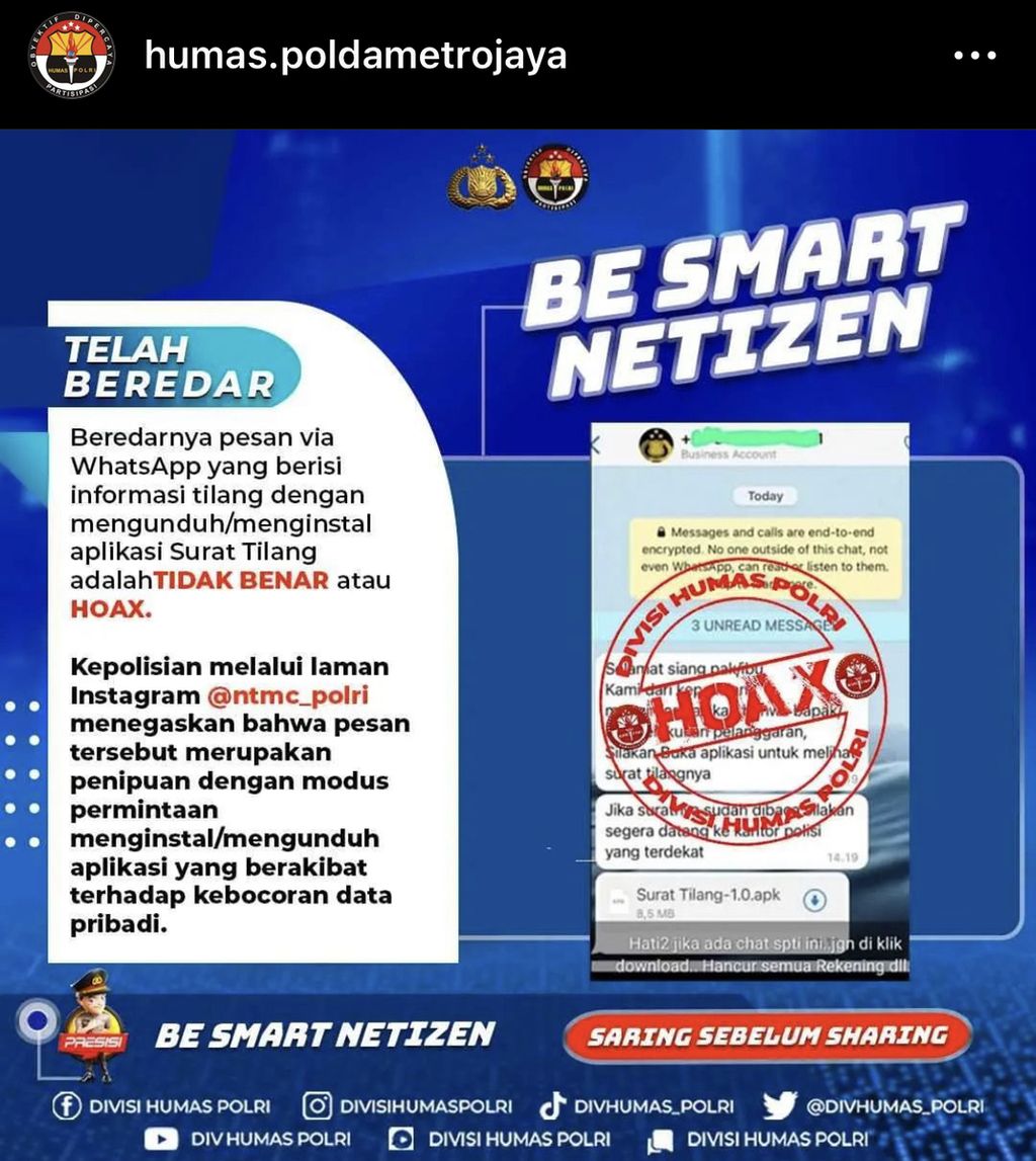 Tangkapan layar Instagram @humas.poldametrojaya tentang imbauan waspada penipuan dengan modus surat tilang dari kepolisian.