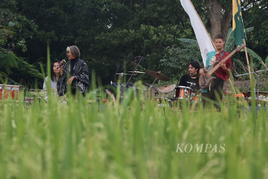 Grup Vertigong tampil bersama penyanyi Trie Utami dalam acara Klaten Ethno Jazz Sawah di areal persawahan obyek wisata mata air Umbul Besuki, Desa Ponggok, Polanharjo, Klaten, Jawa Tengah, Minggu (17/11/2024). 