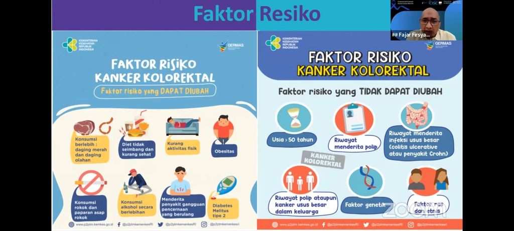 Paparan faktor risiko kanker usus besar oleh dokter spesialis bedah digestif Rumah Sakit Kanker Dharmais, Fajar Firsyada, dalam webinar bertajuk ”Waspada Kanker Usus Besar: Pahami Risiko, Jenis, dan Pengobatannya” yang diadakan Cancer Information and Support Center (CISC), Sabtu (18/3/2023).