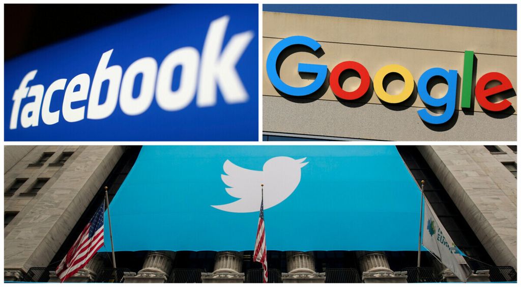Foto kombinasi logo Twitter, Facebook, dan Google.