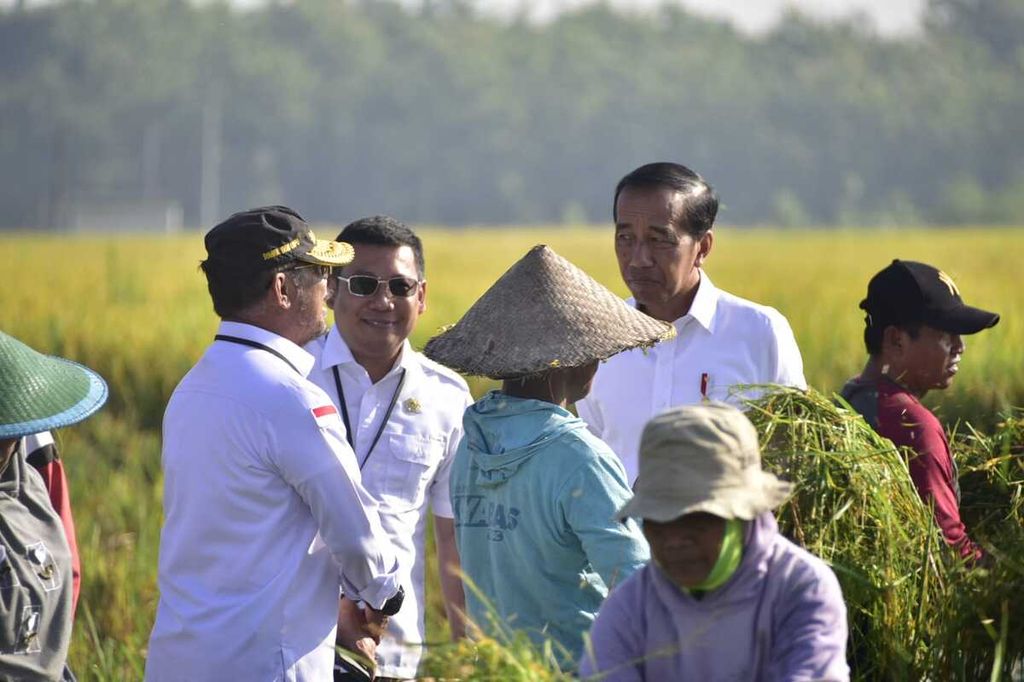 Presiden Joko Widodo melakukan panen raya di Desa Kartoharjo, Kabupaten Ngawi, Jawa Timur, Sabtu (11/3/2023). Petani Jawa Timur meminta harga gabah dan beras tetap ideal di tengah kenaikan hampir semua komponen usaha tani. 
