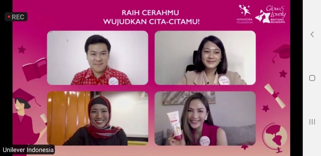 Suasana peluncuran virtual Glow & Lovely Bintang Beasiswa 2021. Program ini mendukung perempuan muda Indonesia yang memiliki keterbatasan finansial untuk berkuliah demi mewujudkan mimpi mereka.