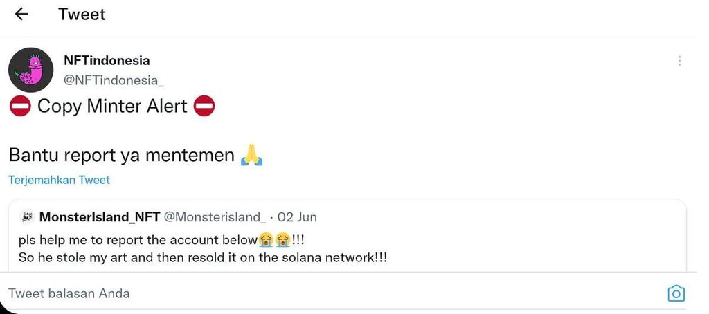 Cuitan akun Twitter NFT Indonesia yang meminta bantuan untuk melaporkan pencurian karya seni yang dijual di lokapasar NFT, Jumat (24/6/2022).