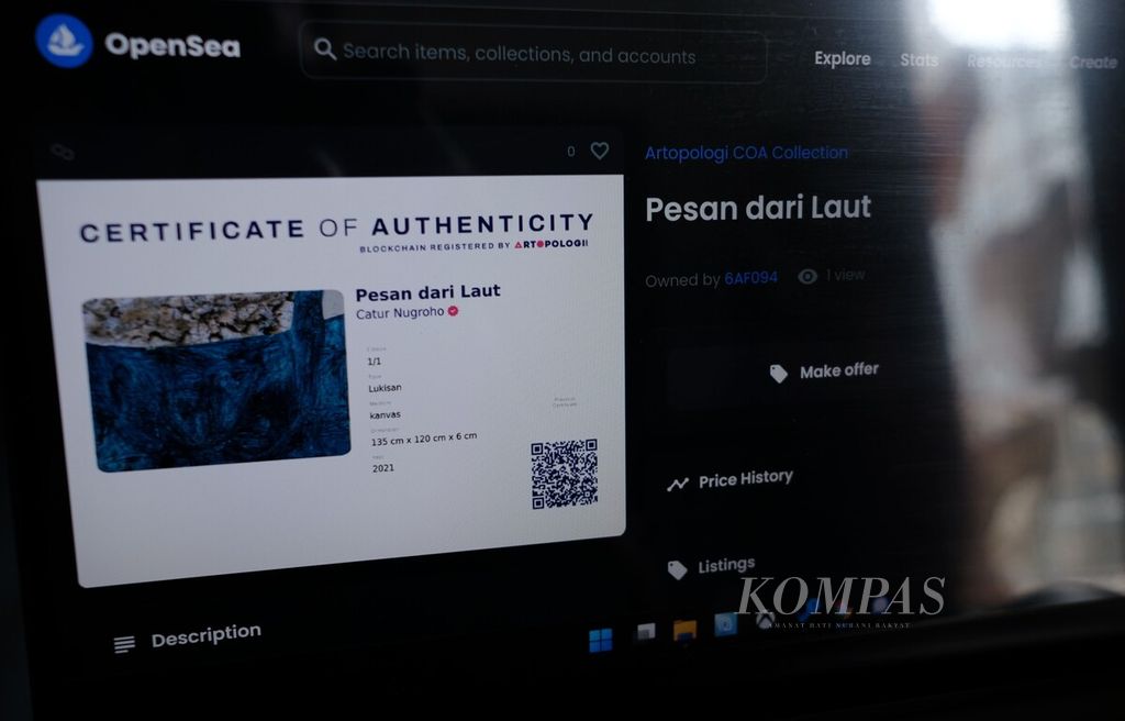 Sertifikat keaslian karya seni berjudul Pesan dari Laut” dari seniman Catur Nugroho dapat ditelusuri di lokapasar <i>non-fungible token </i>OpenSea, Kamis (3/11/2022). Karya seni ini adalah bagian dari Rekam Masa, pameran seni terintegrasi <i>blockchain</i> yang diselenggarakan oleh Artopologi. Pameran berlangsung selama 28 Oktober-6 November 2022.