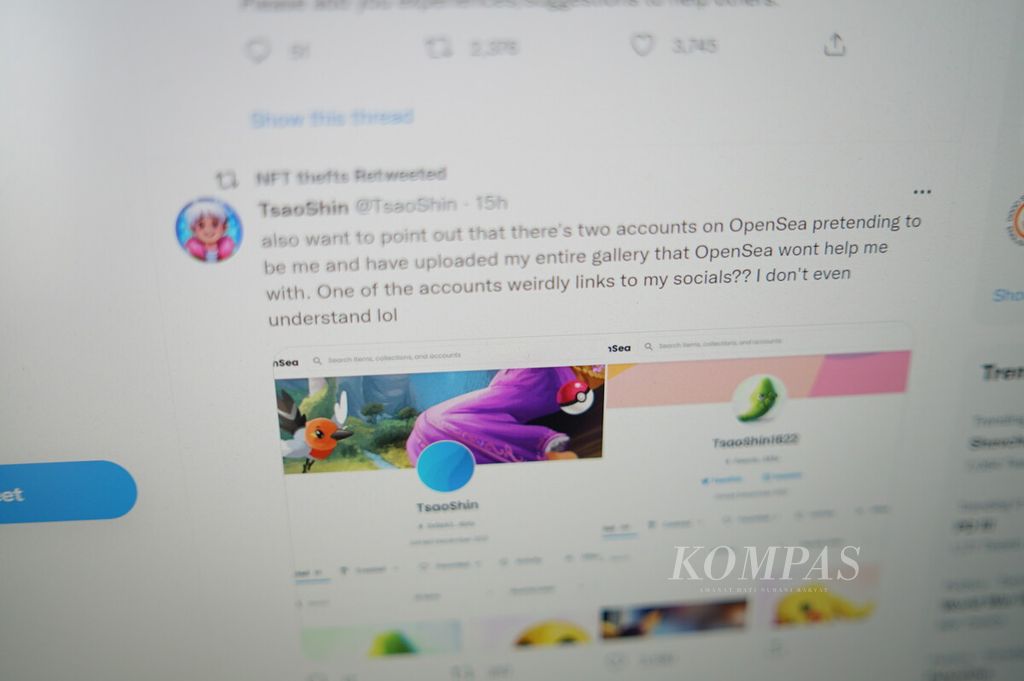 Cuitan sebuah akun Twitter di-<i>retweet </i>ulang oleh @NFTtheft, akun Twitter yang mendokumentasikan tindak dugaan pencurian dan plagiarisme karya seni yang dijual menjadi NFT, seperti yang terlihat pada Kamis (24/2/2022). Platform perdagangan NFT OpenSea pada akhir Januari 2022 mengakui bahwa lebih dari 80 persen NFT yang dibuat dan dijual melalui platform tersebut adalah hasil plagiarisme, koleksi palsu, dan spam.