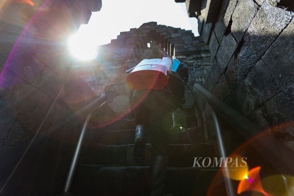 Petugas Balai Konservasi Borobudur bersiap menyemprotkan minyak atsiri pada Candi Borobudur di Magelang, Jawa Tengah, Rabu (22/6/2022). Selama sepekan, minyak atsiri disemprotkan ke batuan di Candi Borobudur untuk menghilangkan lumut, kerak, dan jamur. Campuran minyak atsiri, surfaktan dan air, dipakai sebagai bahan pembersih yang bersifat ramah lingkungan bagi Candi Borobudur. Balai Konservasi Borobudur berhenti menggunakan pembersih berbahan kimia sejak tahun 2009.