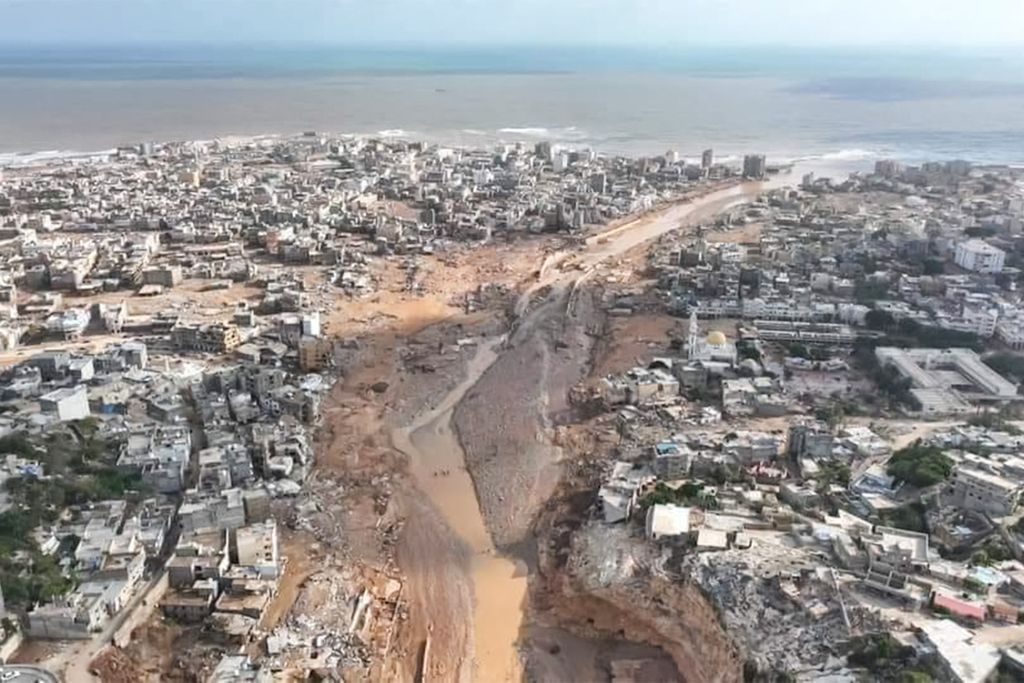 Kerusakan parah yang ditimbulkan akibat banjir di Libya yang dipicu badai Daniel, Rabu (13/9/2023).