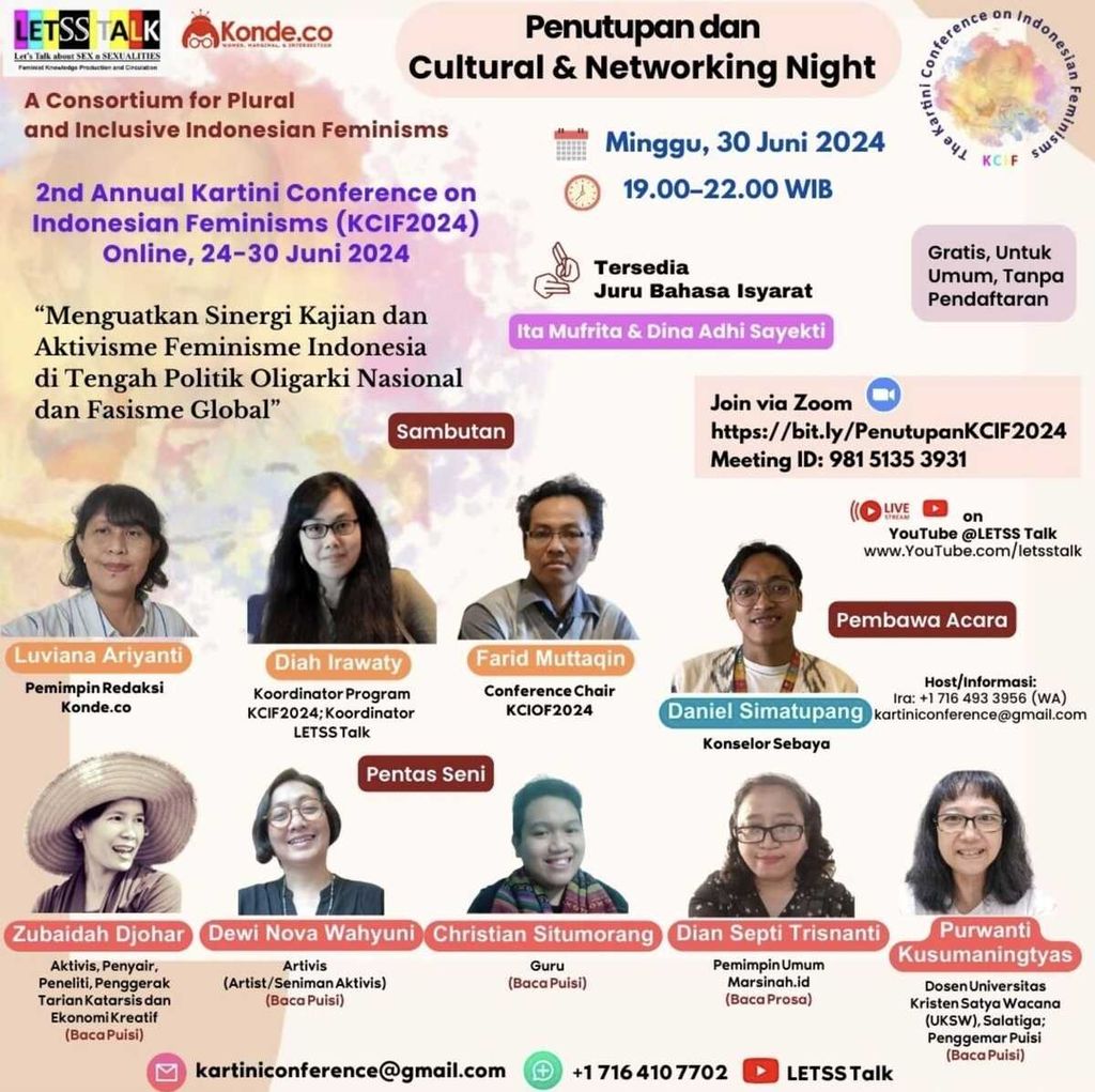 Poster Penutupan Kartini Conference on Indonesian Feminisms (KCIF) 2024 atau 2nd Annual Kartini Conference on Indonesian Feminisms (KCIF2024) berlangsung tanggal 24-30 Juni 2024 secara daring.
