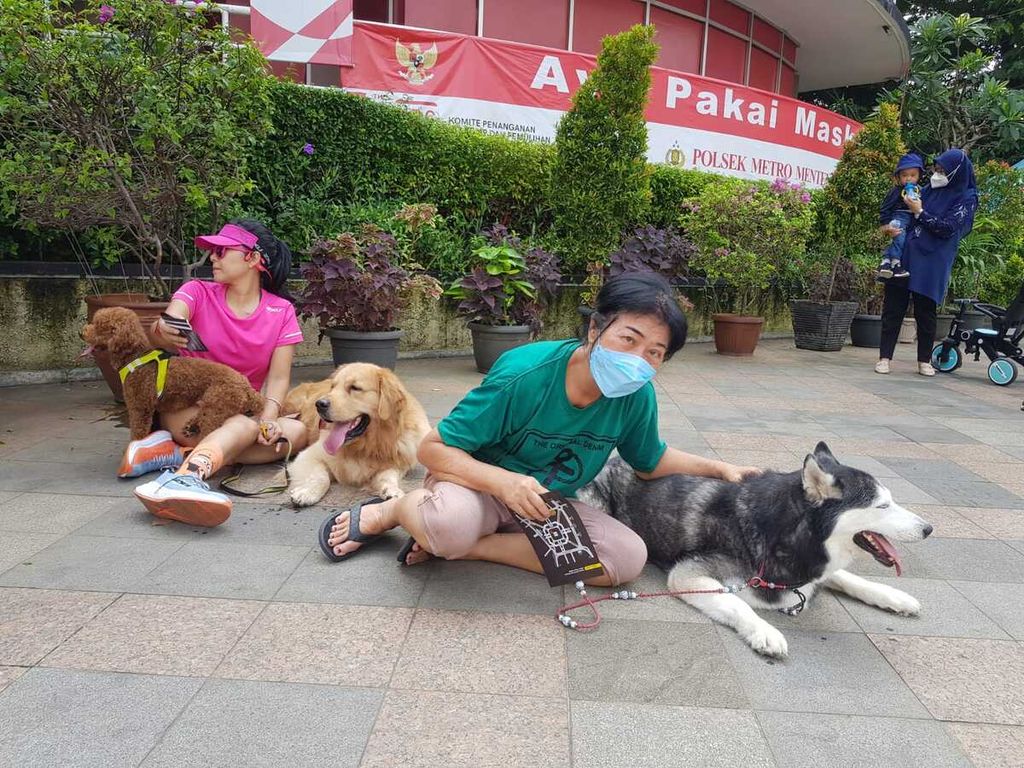 Anggota Komunitas Dog Lovers sedang berpose dengan anjingnya di depan Pos Polisi Bundaran Hotel Indonesia, Jakarta Pusat, saat Hari Bebas Kendaraan Bermotor (HBKB), Minggu (16/10/2022).