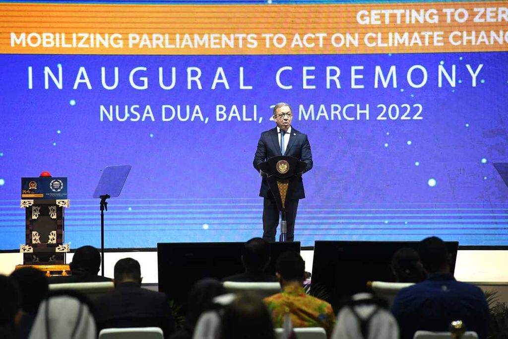 Presiden IPU Duarte Pachecho di pembukaan Sidang ke-144 Inter-Parliamentary Union (IPU), Minggu (20/3/2022) malam.