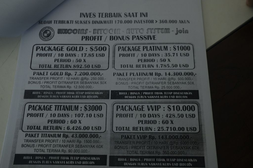Daftar paket investasi yang ditawarkan oleh PT Dunia Coin Digital atau WX-Coin. Foto diambil pada November 2021.