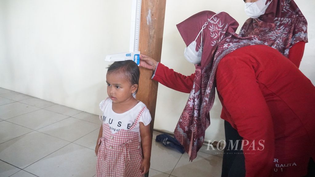 Seorang anak sedang diukur tinggi badannya dengan menggunakan alat ukur tinggi badan (stadiometer) saat mendapatkan pelayanan di Posyandu Mawar Merah, Dusun Klangon, Sedayu, Bantul, DI Yogyakarta, Jumat, 10 Februari 2023. 