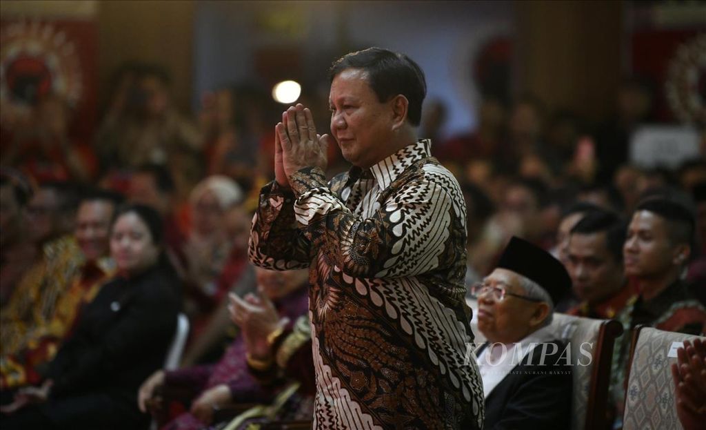 Ketua Umum Partai Gerindra Prabowo Subianto menghadiri Pembukaan Kongres V PDI-P di Grand Inna Bali Beach Hotel, Bali, Kamis (8/8/2019).