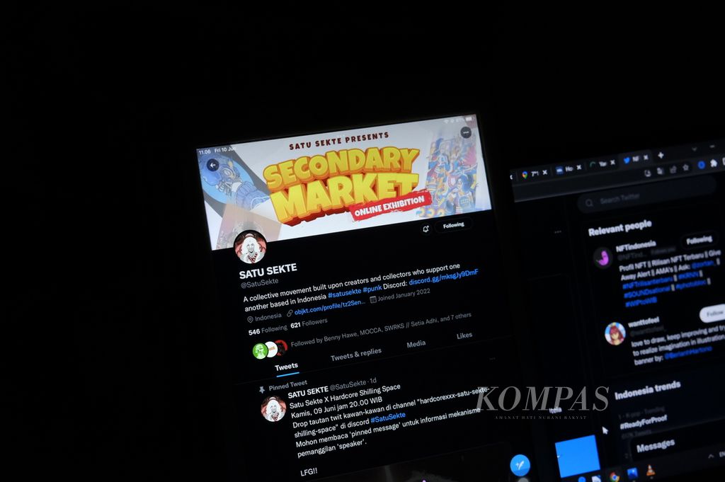 Tampilan akun Twitter Satu Sekte yang dipotret pada Jumat (10/6/2022). Komunitas ini terbentuk atas jejaring komunikasi sesama kreator NFT di media sosial.