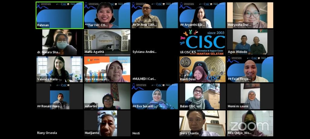 Para peserta dan pembicara dalam webinar bertajuk ”Waspada Kanker Usus Besar: Pahami Risiko, Jenis, dan Pengobatannya” yang diadakan oleh Cancer Information and Support Center (CISC), Sabtu (18/3/2023).