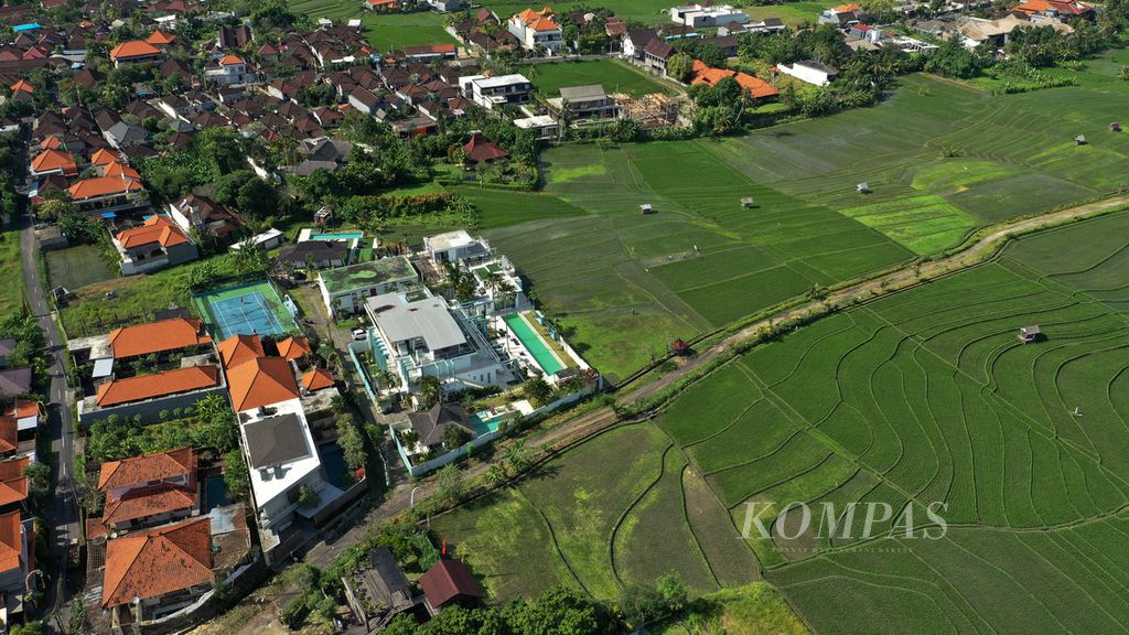Areal persawahan yang dihimpit vila dan bangunan baru 