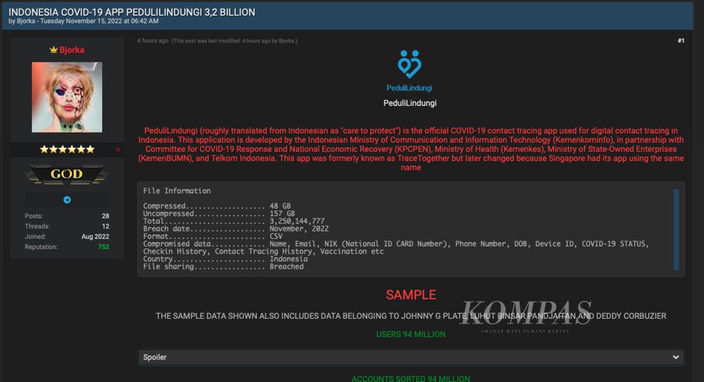 Sebanyak 3,2 miliar data dari aplikasi Peduli Lindungi ditawarkan akun Bjorka di <i>breach forum</i>.