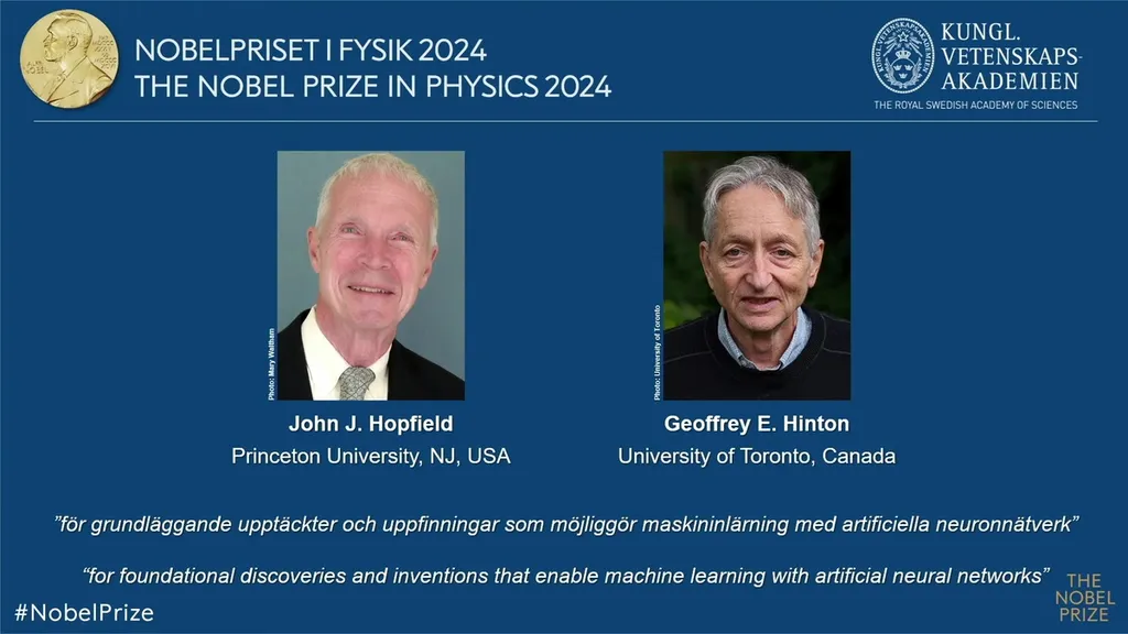 Penerima penghargaan Nobel Fisika 2024 yakni John J Hopfield dari Princeton University (AS) dan Geoffrey E Hinton dari University of Toronto (Kanada).