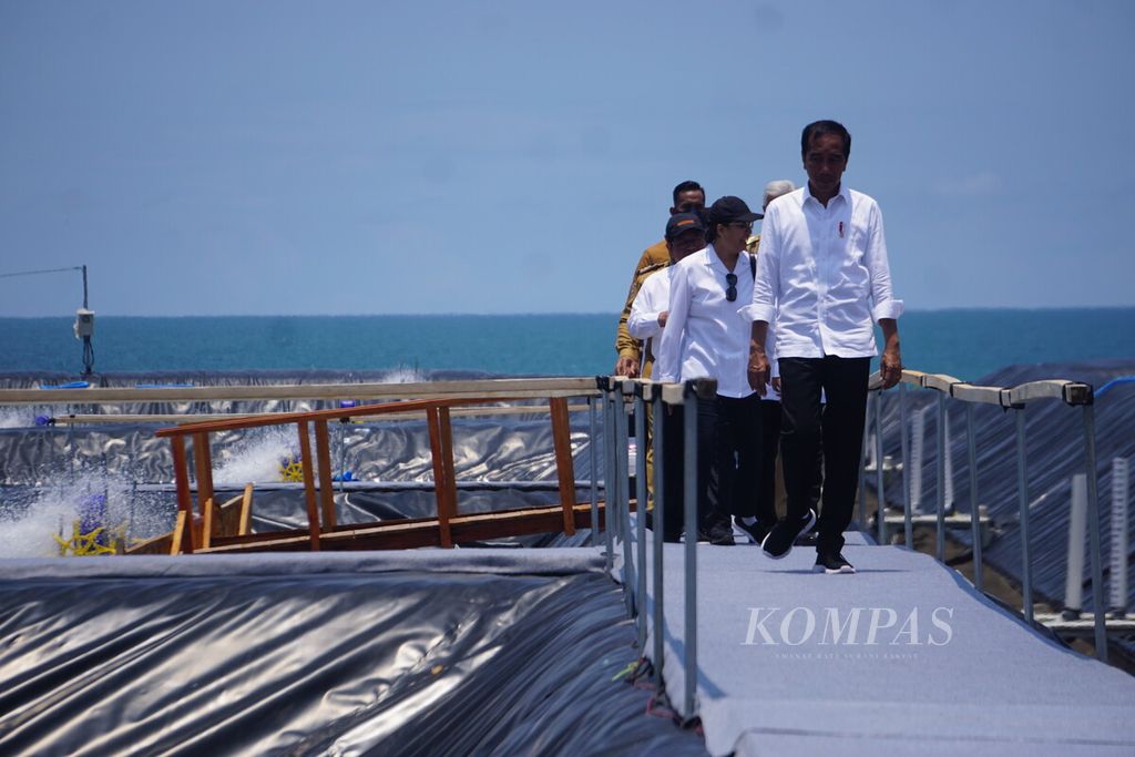 Presiden Joko Widodo meresmikan tambak budidaya udang berbasis kawasan di Kabupaten Kebumen, Jawa Tengah, Kamis (9/3/2023). 