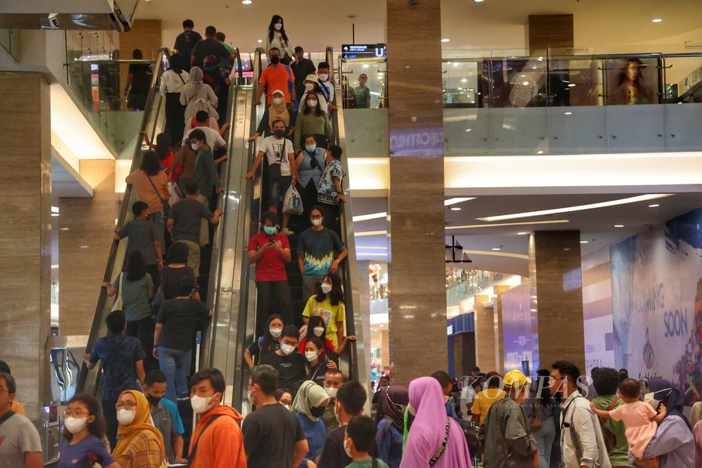 Sebagian besar pengunjung tetap menggunakan masker saat mengisi liburan di sebuah mal di Sleman, DI Yogyakarta, Minggu (1/1/2023). Meski aturan pemberlakuan pembatasan kegiatan masyarakat (PPKM) telah secara resmi dicabut, penggunaan masker dihimbau tetap harus dilakukan di sejumlah kondisi seperti pada ruang tertutup, kerumunan, serta di alat transportasi publik, karena pandemi Covid-19 belum sepenuhnya usai.