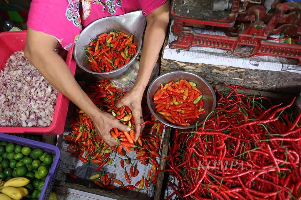 Pedagang melayani pembeli cabai rawit di Pasar Kebayoran Lama, Jakarta Selatan, Senin (3/1/2022). Badan Pusat Statistik mencatat inflasi pada Desember sebesar 0,57 persen. Inflasi, antara lain, dipengaruhi oleh kenaikan harga beberapa komoditas, seperti cabai rawit, minyak goreng, dan telur ayam ras
