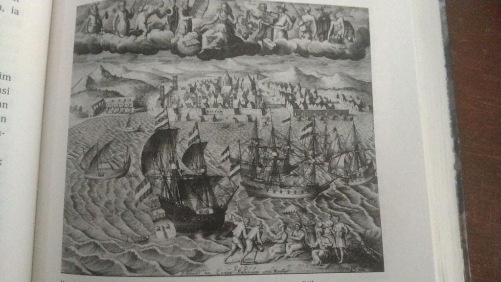 Lukisan saat kapal-kapal Belanda di Banten 1596 (sumber: Gravure Pieter Serwouter Rijksmuseum) (hlm 63).