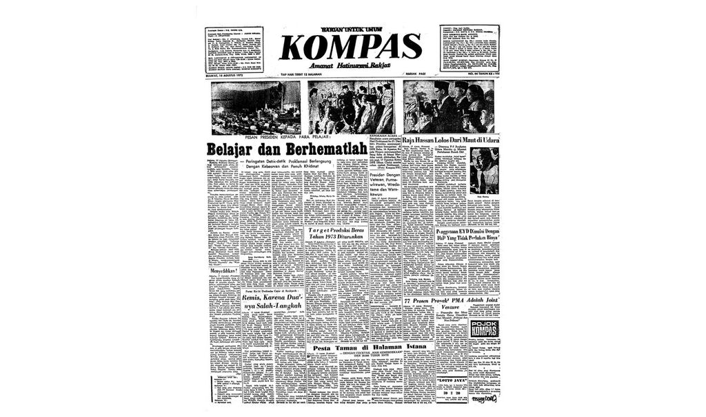 Ejaan yang Disempurnakan (EYD) resmi ditetapkan untuk menggantikan Ejaan Soewandi, mulai tanggal 17 Agustus 1972. Pelaksanaan EYD dilakukan secara bertahap karena memerlukan biaya, penyesuaian dan latihan. Pada edisi ini, Kompas ikut menggunakan EYD untuk pertama kalinya dalam redaksional koran.