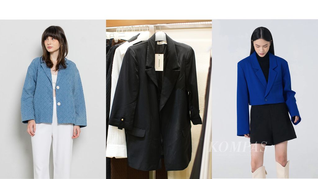 Tampilan blazer denim bertekstur dari This is April (kiri), 3Mongkis (tengah), dan BLZR.ID.