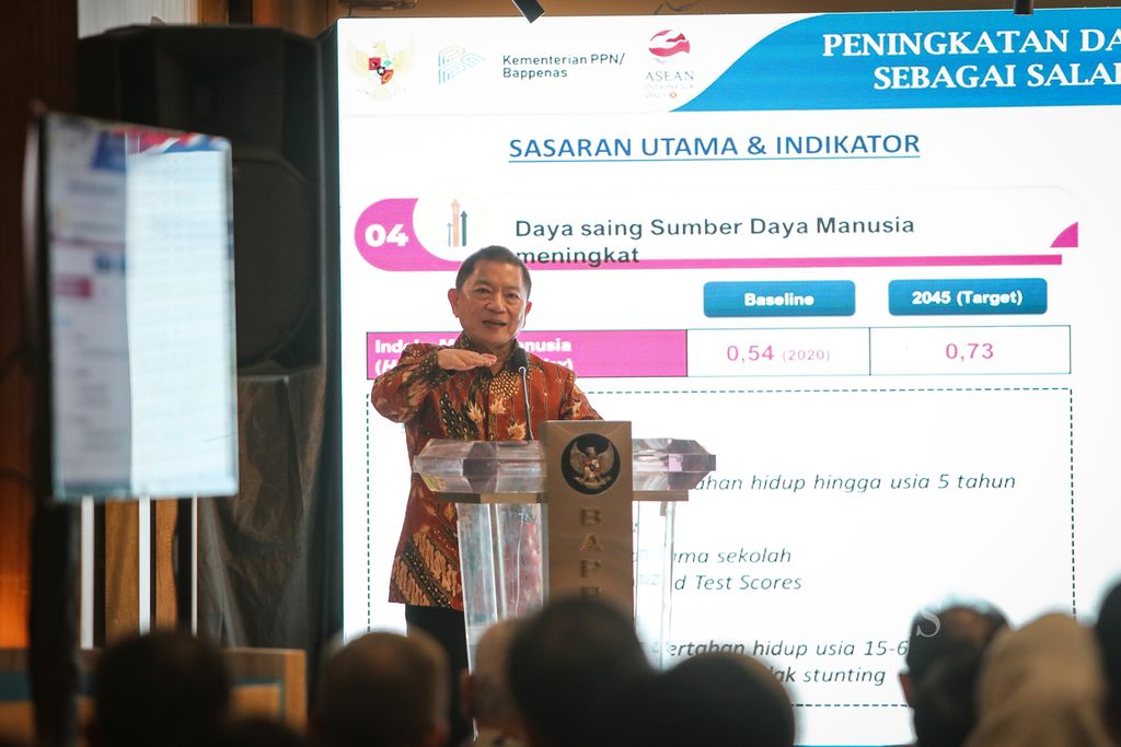 Menteri Perencanaan Pembangunan Nasional (PPN)/Kepala Badan Perencanaan Pembangunan Nasional (Bappenas) Suharso Monoarfa memaparkan materi dalam acara FGD Media Expose RPJPN 2025-2045 di Menara Bappenas, Jakarta, Rabu (20/9/2023). Kementerian PPN/Bappenas bekerja sama dengan Harian <i>Kompas</i> menyelenggarakan FGD Media Expose RPJPN 2025-2045 untuk meningkatkan pemahaman publik mengenai RPJPN 2025-2045. 