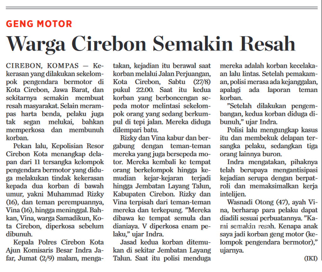 Berita terkait kasus Vina Cirebon di harian <i>Kompas</i> pada September 2016.