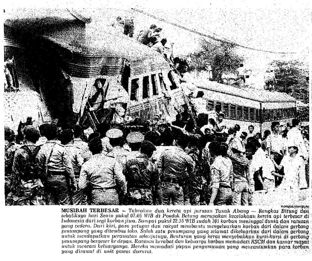 MUSIBAH TERBESAR — Tabrakan dua kereta api jurusan Tanah Abang—Rangkas Bitung dan sebaliknya hari Senin pukul 07.05 WIB di Pondok Betung merupakan kecelakaan kereta api terbesar di Indonesia dari segi korban jiwa.