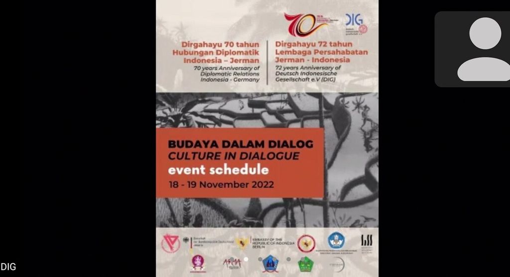 Seminar bertemakan "Budaya dalam Dialog" dengan judul "Walter Spies Mengetuk, Bali Membuka Pintu, Melangkah dalam Dialog Indonesia-Jerman" diselenggarakan Lembaga Persahabatan Jerman dan Indonesia serta Yayasan Cahaya Perempuan dan Budaya Indonesia, Jumat (18/11/2022), dalam rangka memperingati 70 tahun hubungan diplomatik antara Jerman dan Indonesia. 