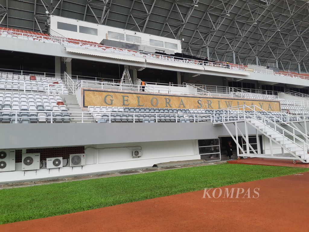Kondisi Stadion Gelora Sriwijaya di kompleks Jakabaring Sport City, Palembang, Sumatera Selatan, Kamis (9/3/2023), yang akan menjadi saah satu tempat pertandingan untuk perhelatan Piala Dunia FIFA U-20 pada Mei 2023 mendatang.