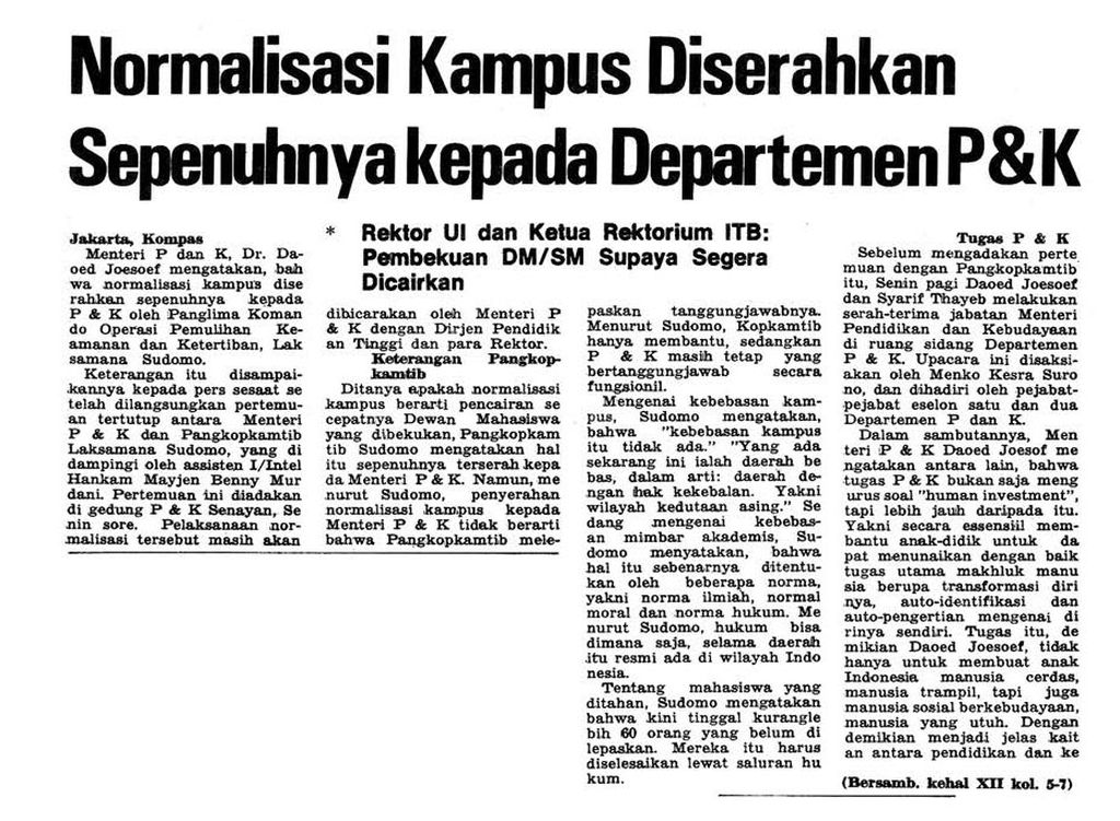 Berita Normalisasi kegiatan kampus oleh Orde Baru yang dimulai pada 1978.
