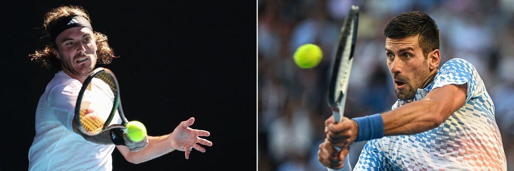 Petenis Yunani, Stefanos Tsitsipas (kiri), dan petenis Serbia, Novak Djokovic, akan berhadapan pada laga final tunggal putra Grand Slam Australia Terbuka di Melbourne Park, Melbourne, Minggu (29/1/2023).