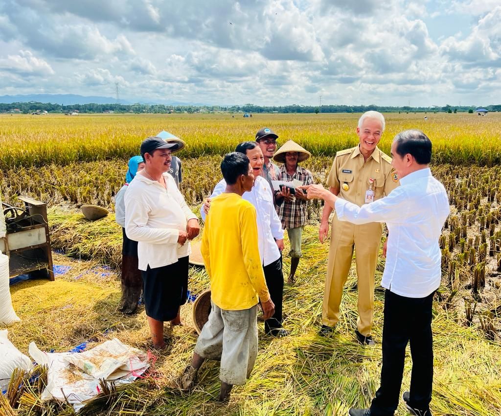 Presiden Joko Widodo bersama Menteri Pertahanan Prabowo Subianto dan Gubernur Jawa Tengah Ganjar Pranowo saat meninjau panen raya padi dan berdialog dengan petani di Desa Lajer, Kabupaten Kebumen, Provinsi Jawa Tengah, Kamis (9/3/2023). 