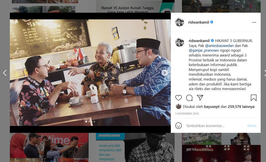 Tangkapan layar foto di akun Instagram @ridwankamil terkait pertemuan informal Gubernur DKI Jakarta Anies Baswedan (kiri), Gubernur Jawa Tengah Ganjar Pranowo (tengah), dan Gubernur Jawa Barat Ridwan Kamil, di Jakarta, pada tahun 2018, sebelum pandemi Covid-19 melanda.