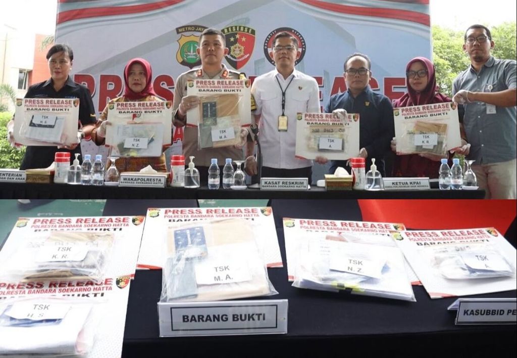 Sejumlah barang bukti dalam kasus video porno yang melibatkan anak di bawah umur ditunjukkan oleh Kepolisian Resor Bandara Soekarno-Hatta, Minggu (25/2/2024).