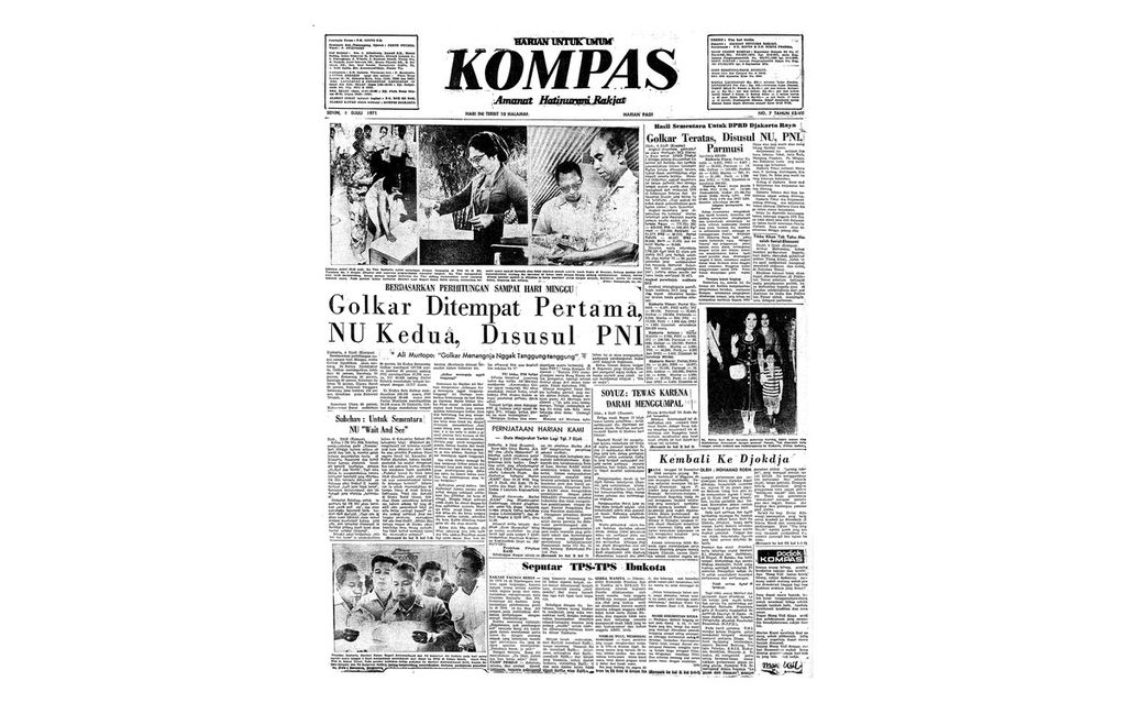 Pemilu pertama di era Orde Baru digelar. Golkar menang mutlak mengantongi 62,8 persen suara. Pemilu 1971 menjadi awal kejayaan Golkar sebagai mesin politik Orde Baru yang mengukuhkan posisi Soeharto sebagai Presiden hingga 32 tahun, sampai akhirnya rezim itu berhasil digulingkan pada 1998. Berita terbit di Harian Kompas edisi 5 Juli 1971.