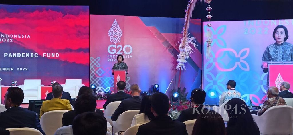 Menteri Keuangan Sri Mulyani Indrawati memberikan sambutan pembuka dalam peluncuran Dana Pandemi di Nusa Dua, Bali, Minggu (13/11/2022). 