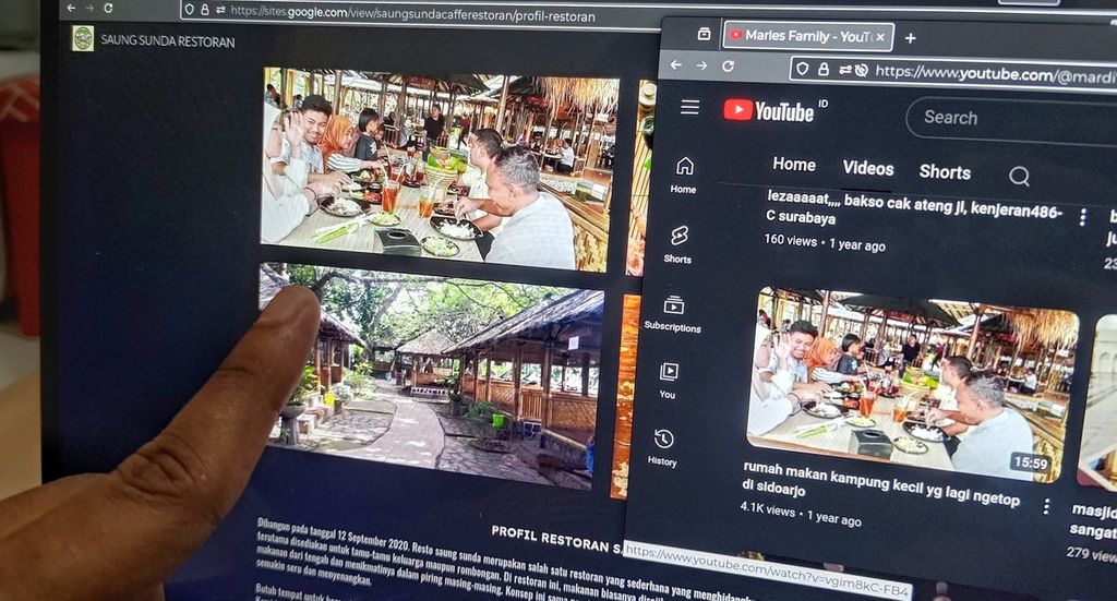 <i>Kompas </i>menyandingkan foto yang terpasang di situs milik Saung Sunda Caffe Restoran dengan sebuah gambar di video Youtube. Situs ini terindikasi sebagai resto fiktif yang mengarah ke penipuan lowongan kerja.