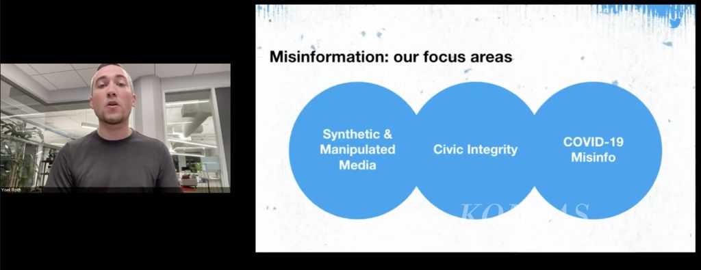 Tangkapan layar saat Head of Site Integrity Twitter Yoel Roth menjelaskan upaya Twitter dalam memerangi masifnya misinformasi di media sosial, Selasa (8/3/2022). Upaya itu dilakukan Twitter melalui penguatan fitur pelaporan, fitur penanda, dan fitur <i>birdwatch</i>.
