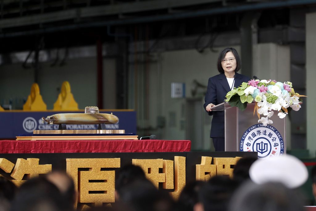 President of Taiwan Tsai Ing-wen delivered a speech during the launch ceremony of the first domestically-made submarine in Kaohsiung, on September 28, 2023.