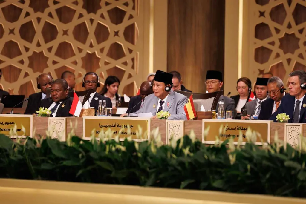 Menteri Pertahanan sekaligus Presiden terpilih Prabowo Subianto menyampaikan sikap Indonesia dalam Konferensi Darurat terkait Tanggap Kemanusiaan Gaza di Amman, Jordania, 11 Juni 2024.