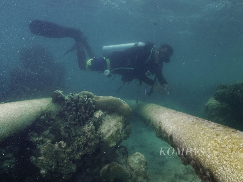 Pipa untuk menyedot air menuju tambak udang melintang di kawasan konservasi di Taman Nasional Karimunjawa, Kecamatan Karimunjawa, Jepara, Jawa Tengah, Selasa (16/4/2024).