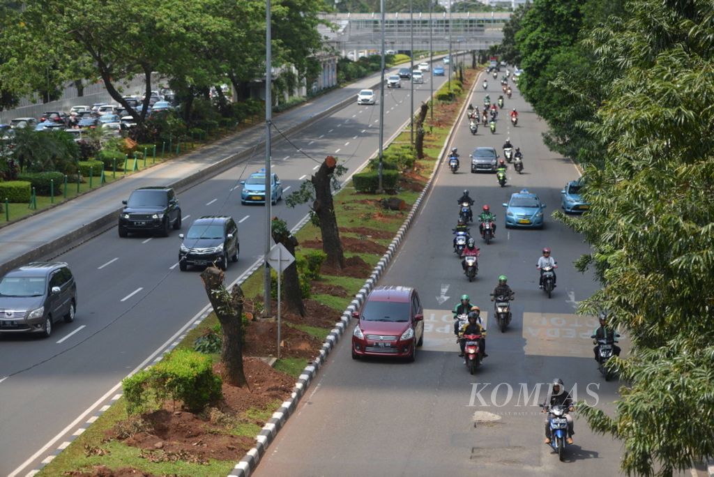 Sejumlah pohon di Jalan Jenderal Sudirman, Jakarta, yang ditebang dan dicabut untuk dipindahkan ke sejumlah ruang publik terbuka ramah anak (RPTRA) dan ruang terbuka, Jumat (8/3/2018). 