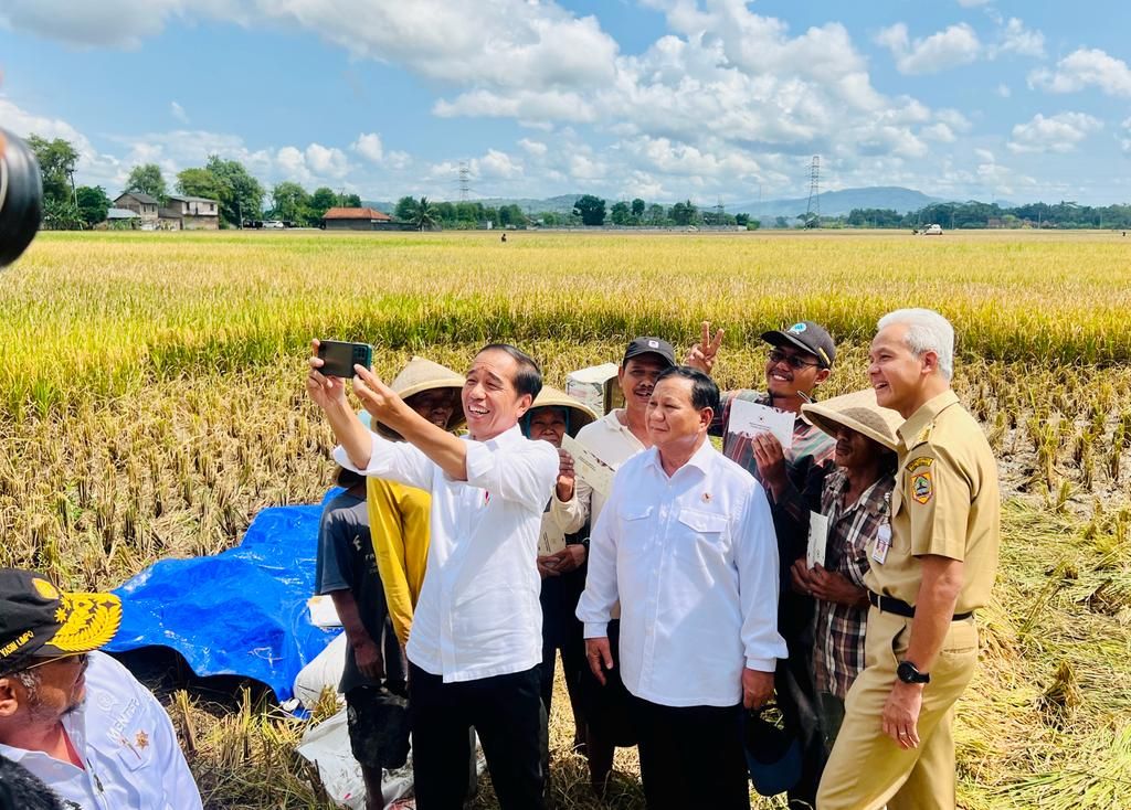 Presiden Joko Widodo saat meninjau panen raya padi bersama Menteri Pertahanan Prabowo Subianto dan Gubernur Jawa Tengah Ganjar Pranowo, di Desa Lajer, Kecamatan Ambal, Kabupaten Kebumen, Jawa Tengah, Kamis (9/3/2023).