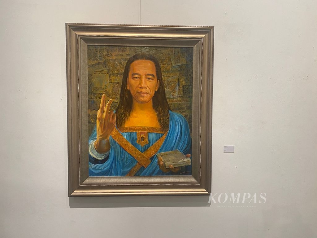 Lukisan Budi Ubrux tentang Presiden Joko Widodo berjudul Cukup Dua Saja yang dipamerkan dalam pameran bertajuk Seni Agawe Santoso di Semarang Contemporary Art Gallery, Kota Semarang, Jawa Tengah, Selasa (28/2/2023). Pameran yang diikuti 45 seniman asal Jateng dan DI Yogyakarta itu akan digelar hingga 24 Maret 2023.