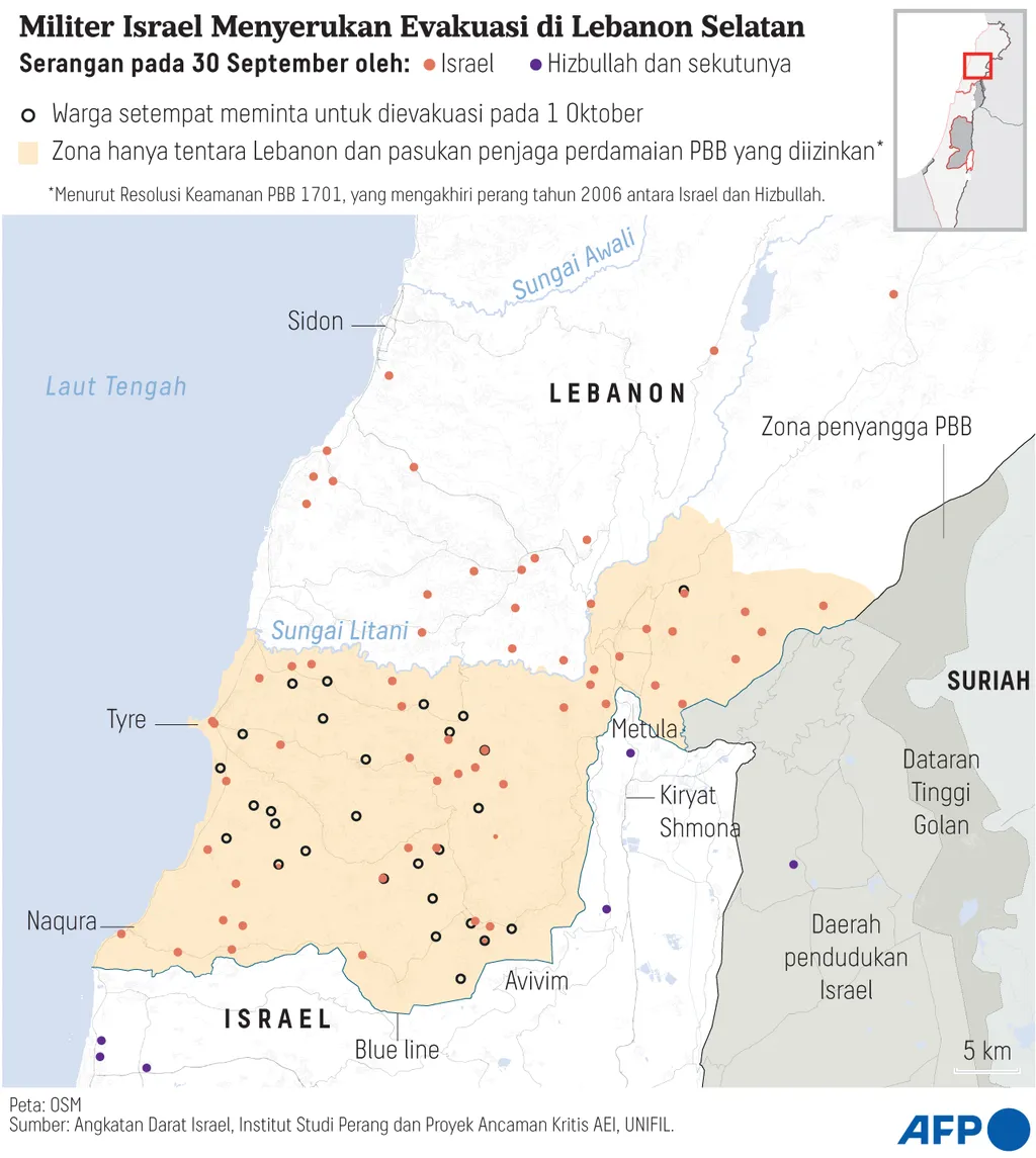 infografik Militer Israel Menyerukan Evakuasi di Lebanon Selatan